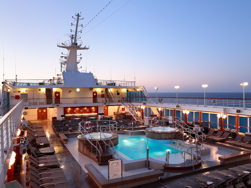 The pool deck of a Desire nude cruise which is aimed at swingers