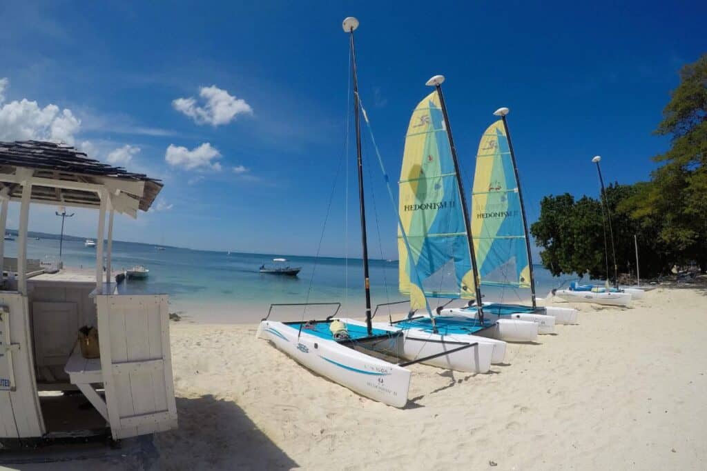 hobie cats on the beach at Hedonism resort in Jamaica